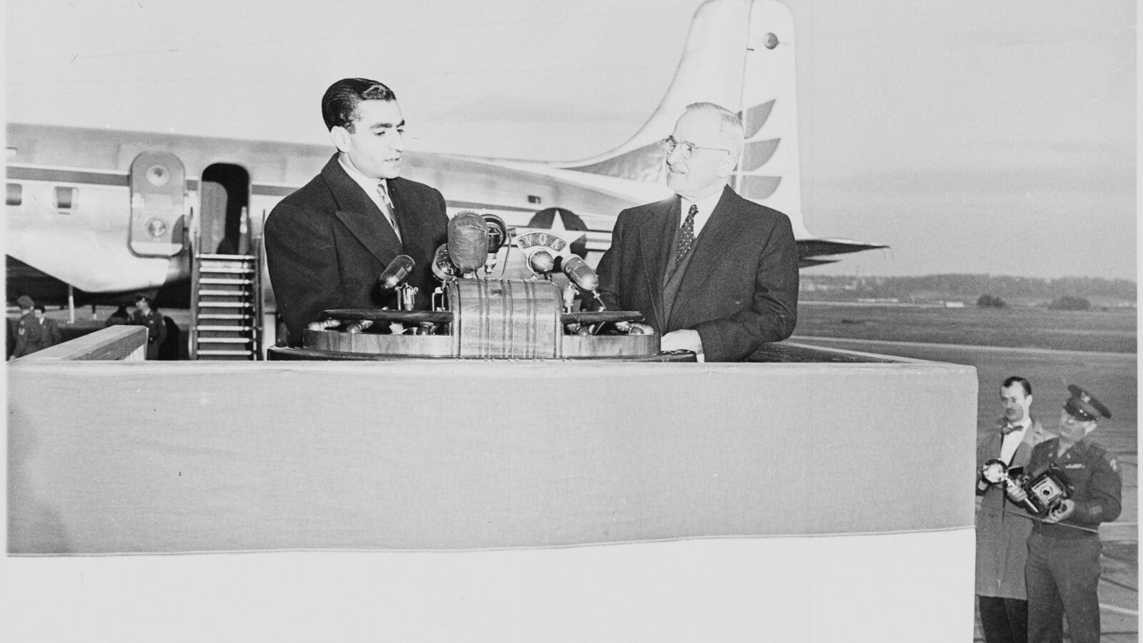 Mohammad Reza Shah Pahlavi of Iran speaking at Washington National Airport, 1949.