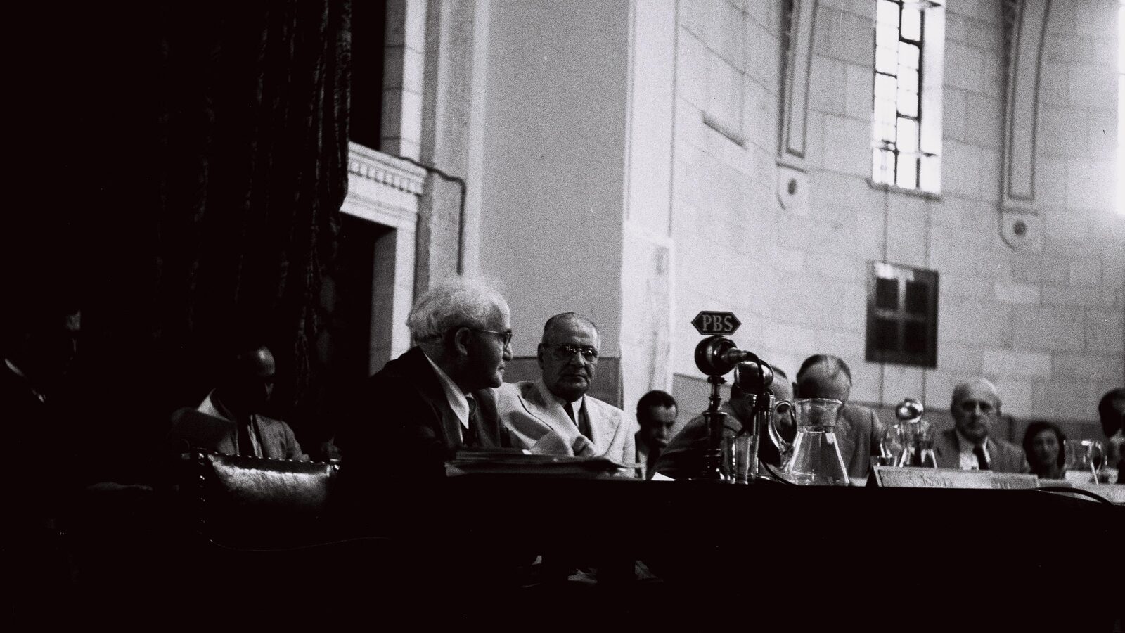 David Ben-Gurion testifying before the UN Special Committee on Palestine at the Jerusalem YMCA, July 1947.