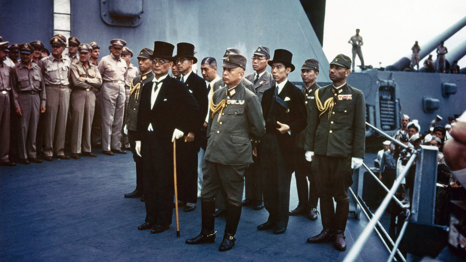 The Japanese delegation aboard USS Missouri for the surrender ceremony in Tokyo Bay, 2 September 1945.