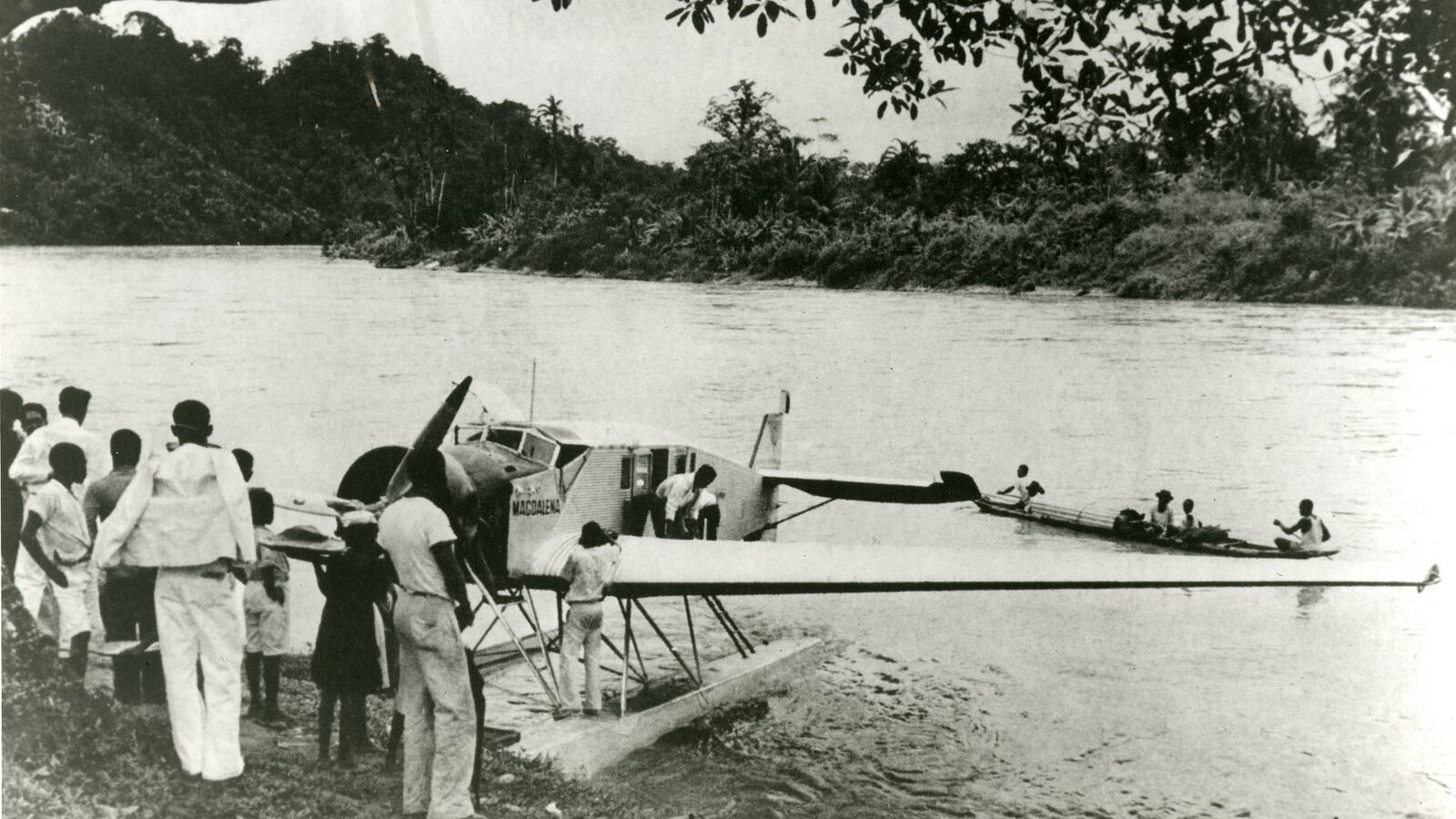SCADTA Junkers W 34 floatplane Magdalena moored at a riverbank in Colombia, 1920s