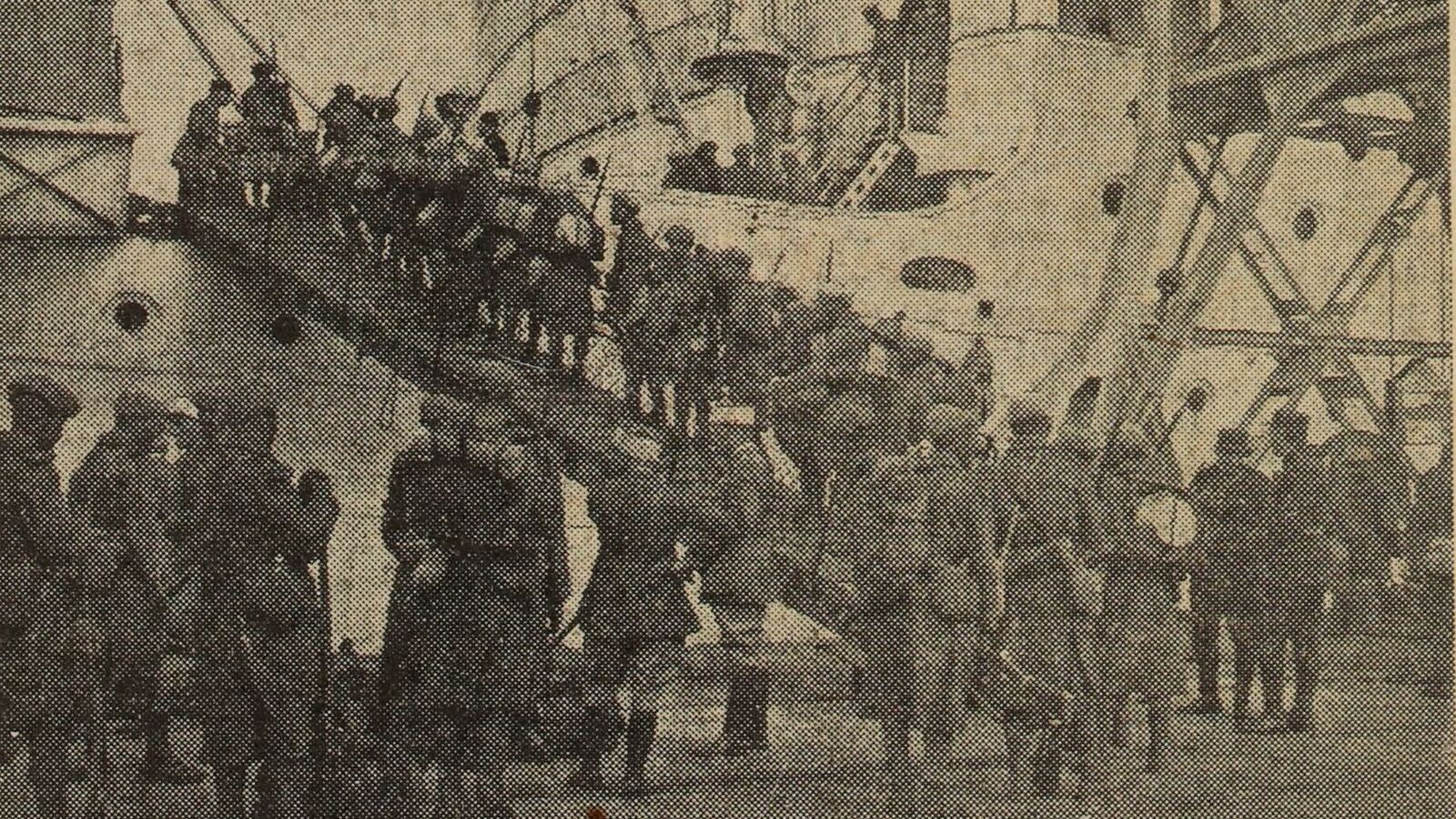 The 1st battalion of the 3rd Moroccan Tirailleurs embarks at Casablanca aboard the Chella, 1936