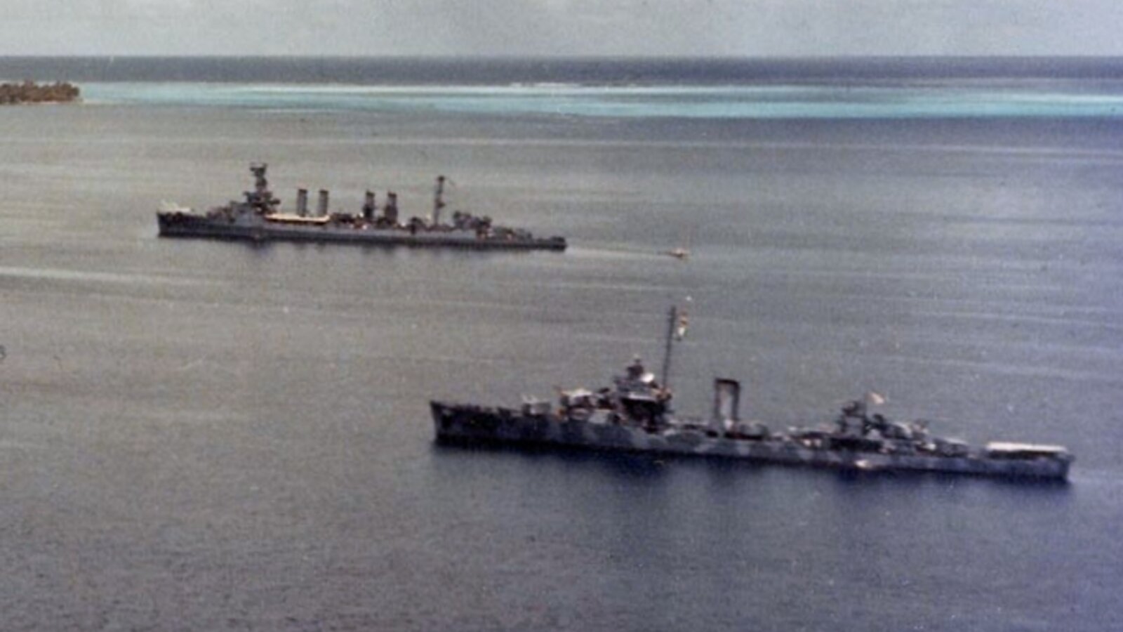USS Trenton (CL-11) and USS Sampson (DD-394) in Teavanui Harbor at Bora Bora in February 1942, during Operation Bobcat - the construction of the US Navy fueling and supply station in Free French Polynesia