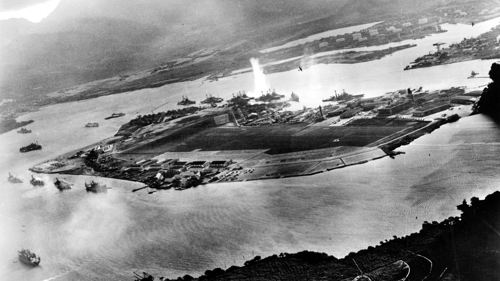 Aerial photograph taken from a Japanese plane during the torpedo attack on Ford Island, Pearl Harbor, December 7, 1941