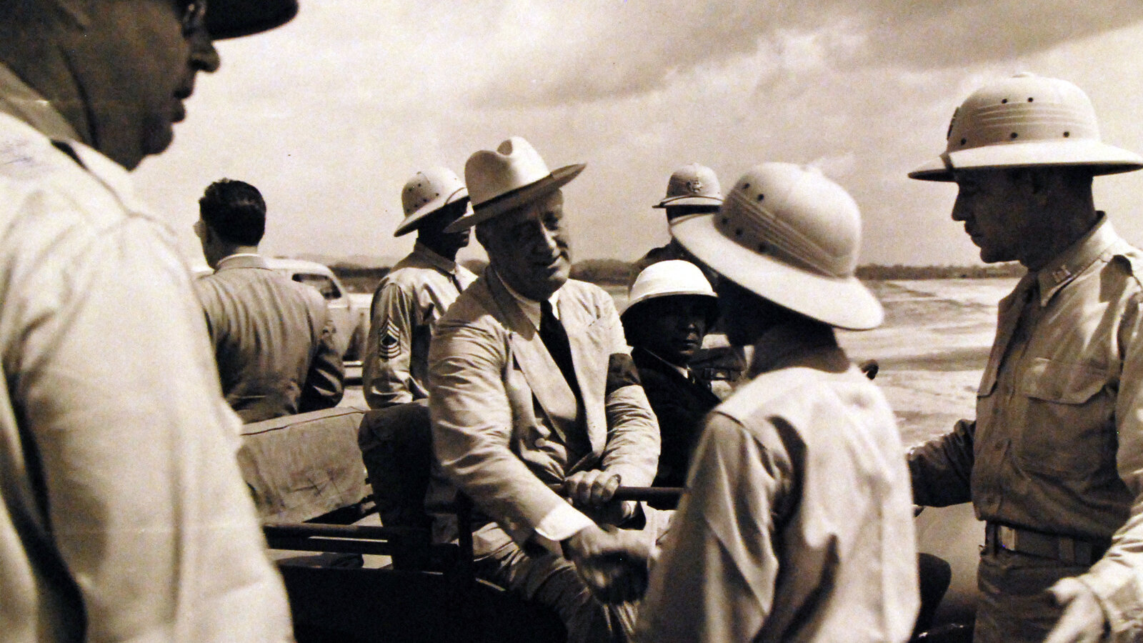 President Franklin D. Roosevelt inspecting U.S. troops at Roberts Field, Liberia, on January 27, 1943, during his return from the Casablanca Conference