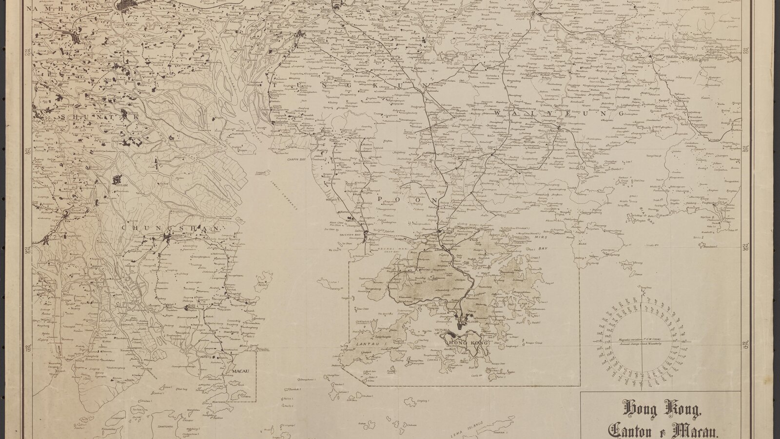 A 1945 Chinese cartographic representation of the Hong Kong, Canton, and Macau region showing the Portuguese-administered enclave's position in the late-war South China Sea theater