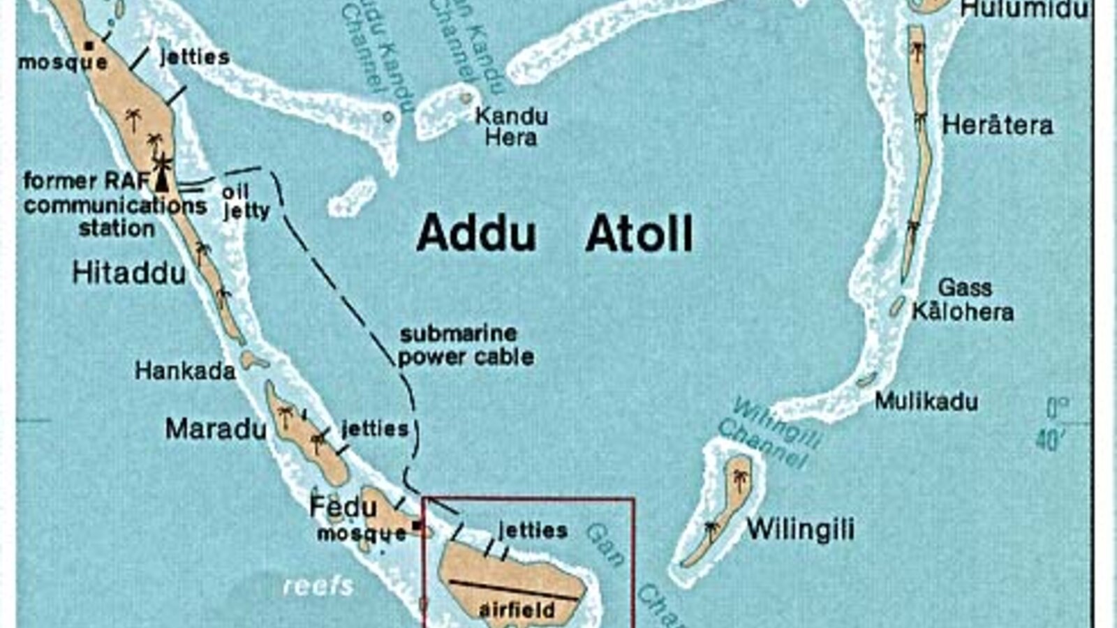 Map of Addu Atoll in the southern Maldives - the geographic position of the Royal Navy's secret Indian Ocean fleet anchorage "Port T", used 1942-1945