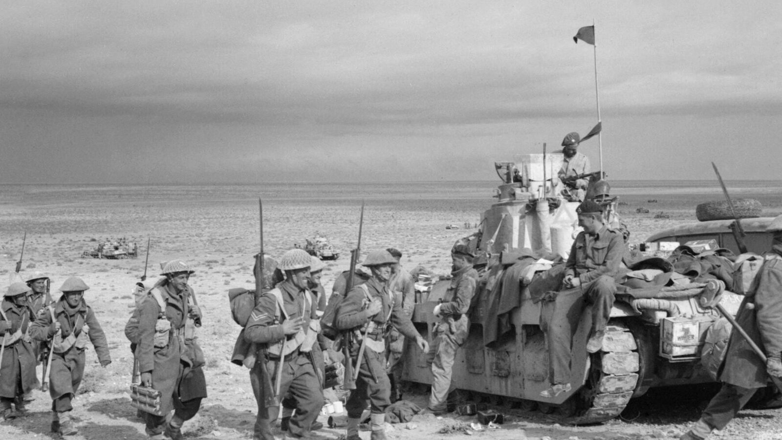 Infantry of the 2nd New Zealand Division linking up with Matilda tanks of the Tobruk garrison during Operation Crusader, Libya, 2 December 1941
