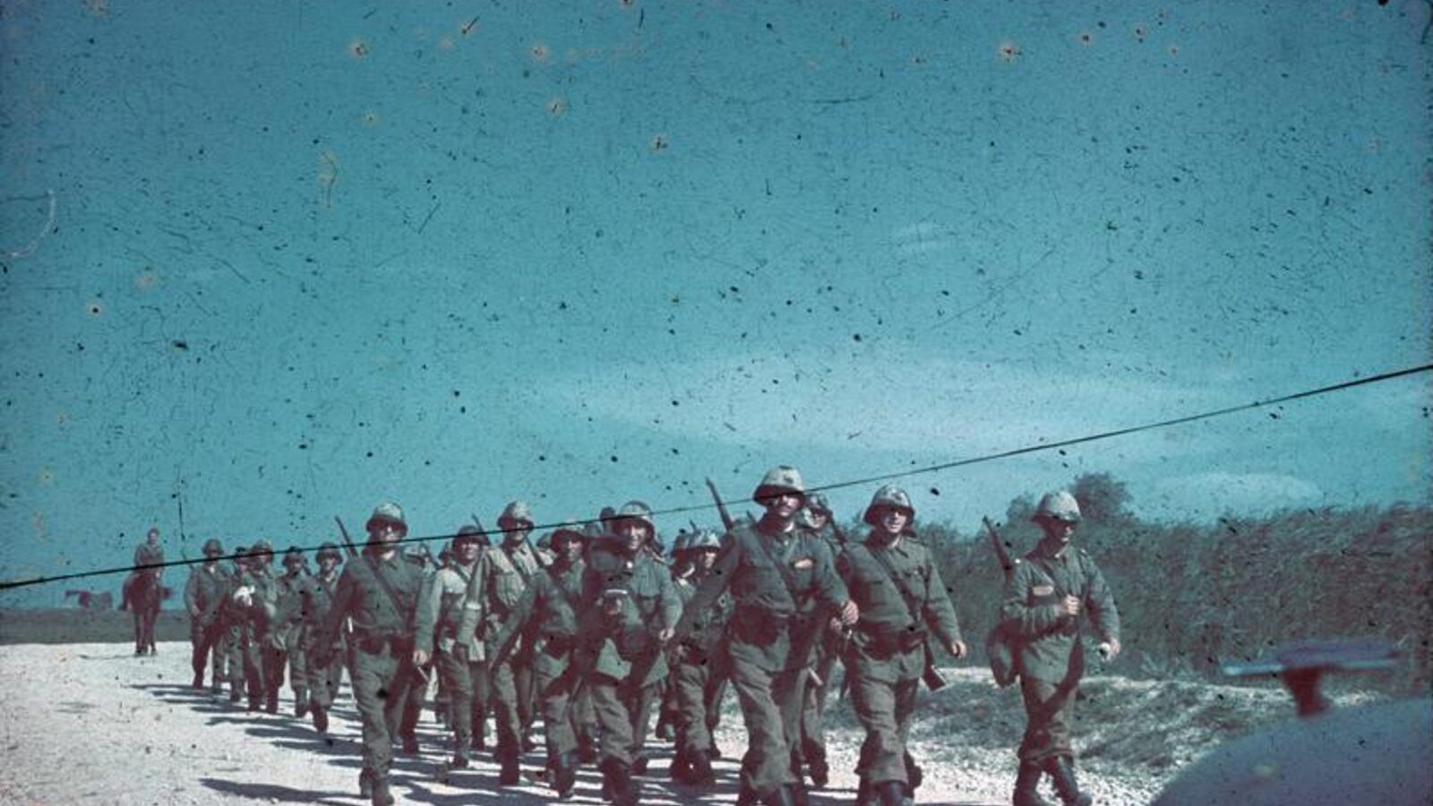 Romanian infantry on the march during World War II, 1943