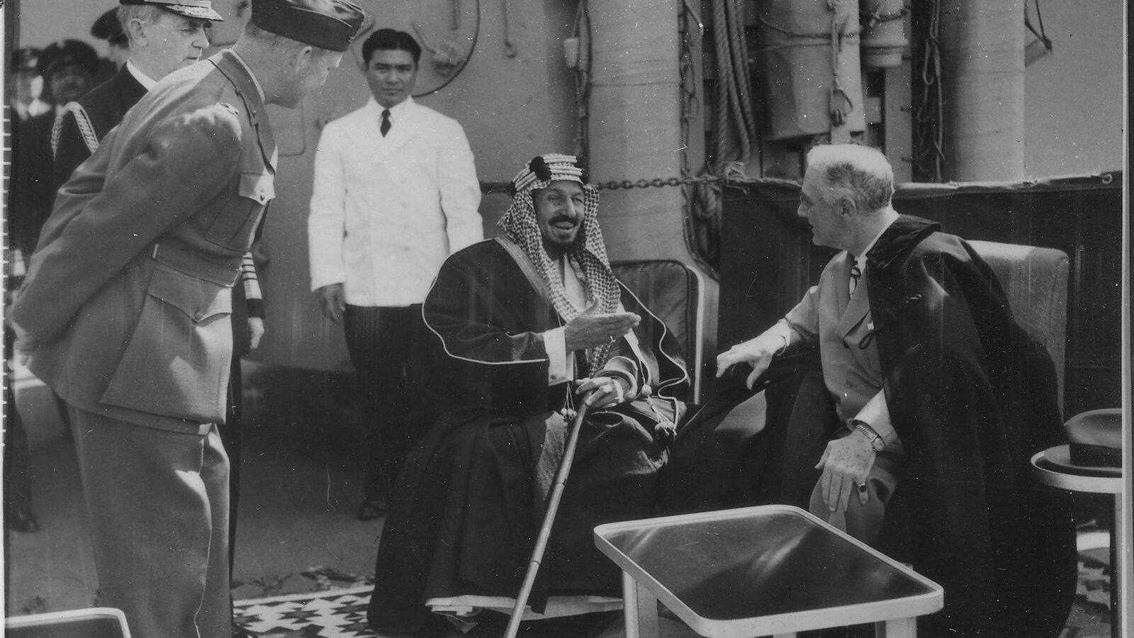 King Abdulaziz ibn Saud meeting President Franklin D. Roosevelt aboard USS Quincy at Great Bitter Lake, Egypt, 14 February 1945