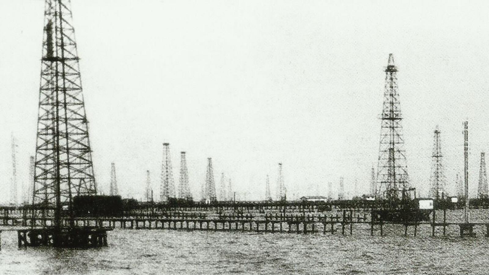 Oil derricks standing in the shallow water of Lake Maracaibo, Zulia, Venezuela, 1929