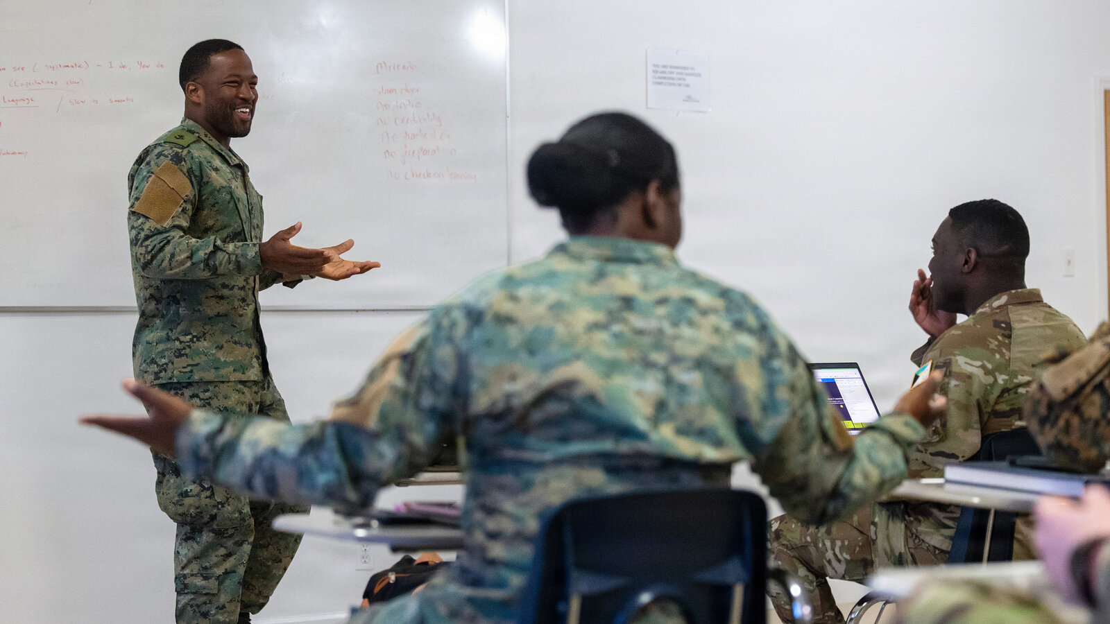 Royal Bahamas Defence Force Ranger instructor with Rhode Island National Guard drill sergeants on a subject-matter expert exchange in Coral Harbour, March 2026