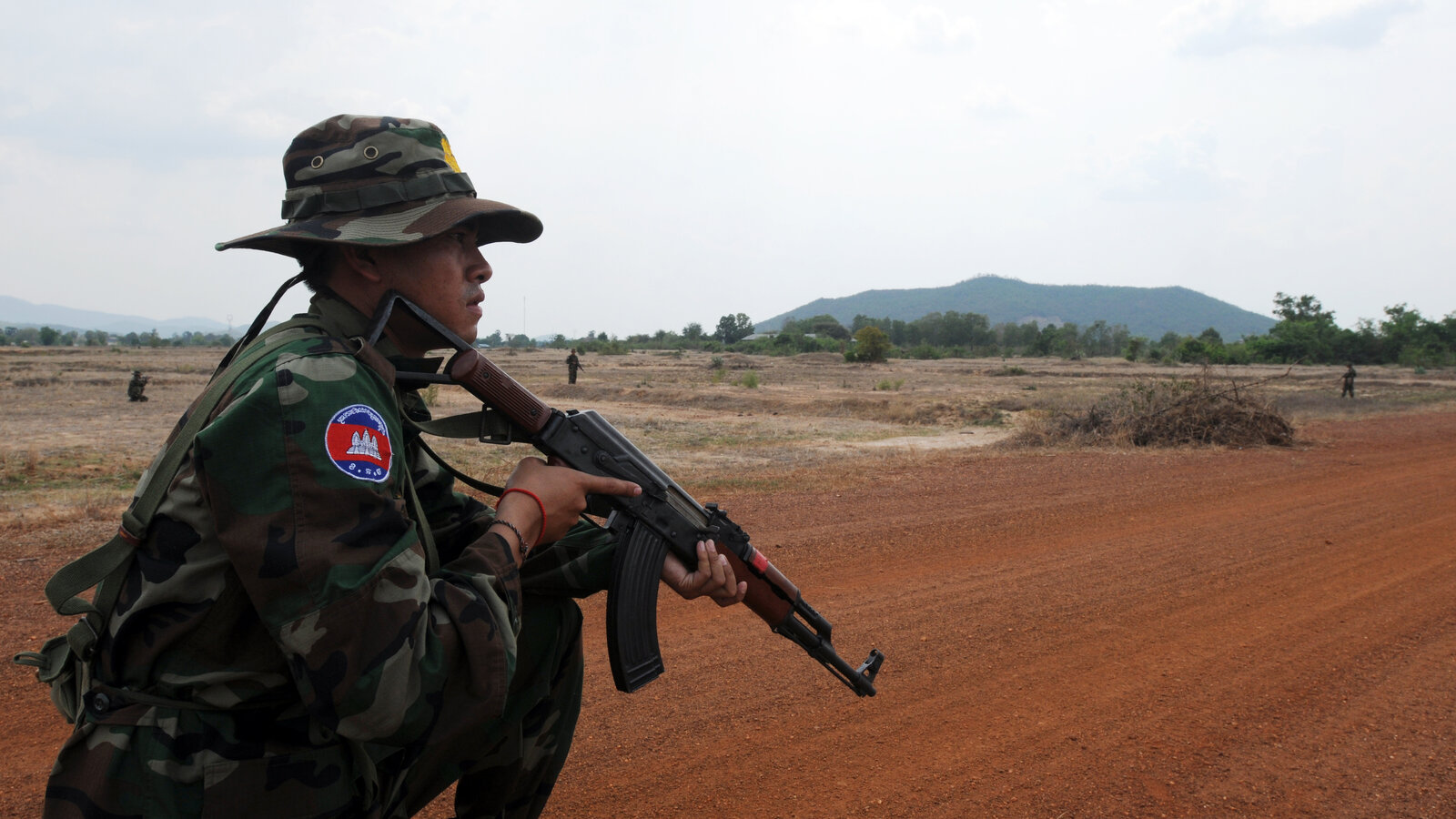 Royal Cambodian Armed Forces soldier responds to a simulated IED during Counter-IED training at the Peacekeeping Operations School, Kampong Speu, Cambodia, March 2012