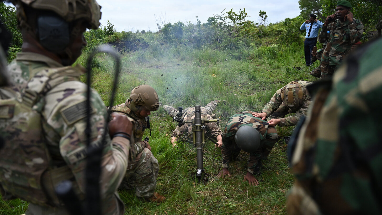 U.S. East Africa Response Force soldiers and Comorian Armed Forces fire an M224 60mm mortar in Moroni during a bilateral military engagement, January 2026
