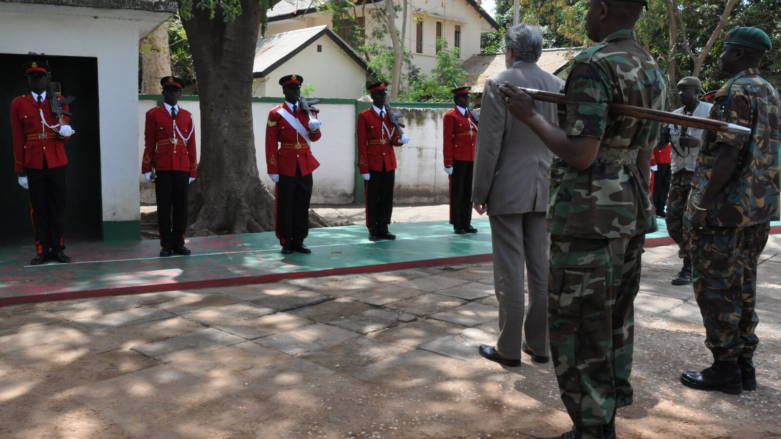 U.S. Ambassador J. Anthony Holmes saluted by Gambian Armed Forces troops at the Ministry of Defense, Banjul, March 2011