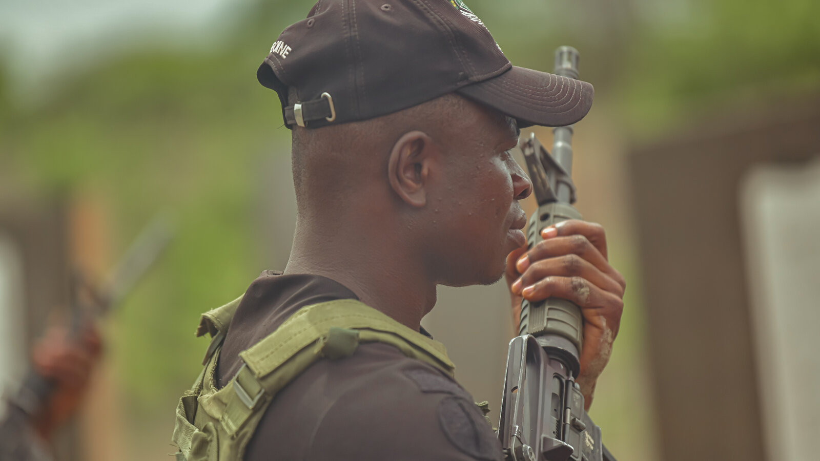 Ghana Armed Forces member demonstrating high ready weapons positioning during Flintlock 24 tactical training in Daboya, Ghana, May 2024