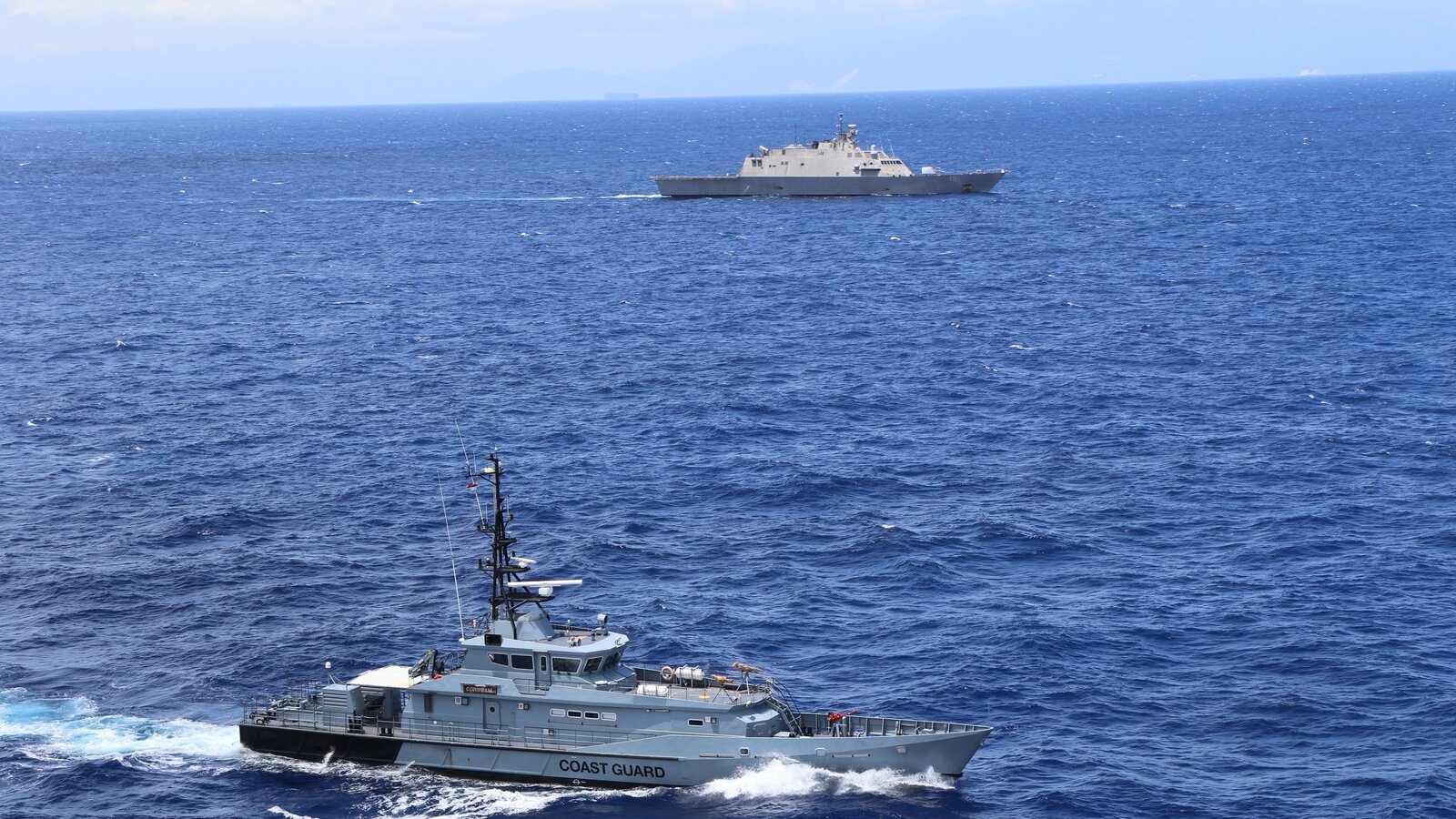 USS Wichita (LCS-13) and Jamaica Defence Force Coast Guard patrol vessel HMJS Cornwall conduct a live-fire exercise, April 2021