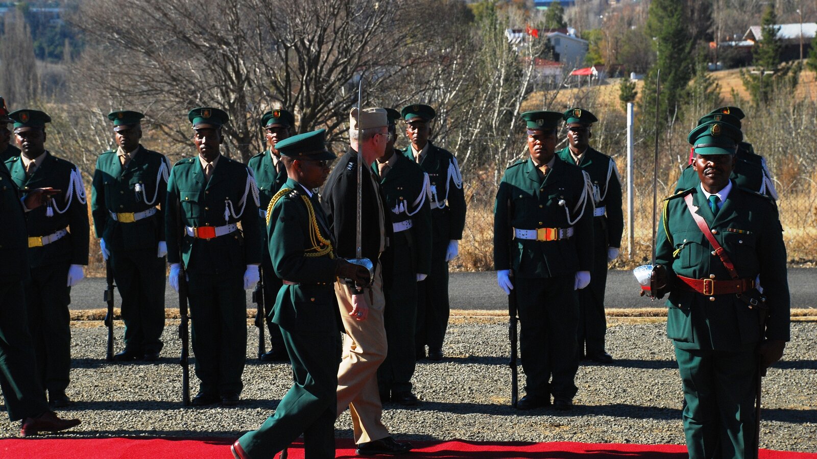 Major General Samuel Mokoro, deputy commander of the Lesotho Defence Force, with Vice Admiral Robert Moeller of AFRICOM during a troop inspection, August 2009