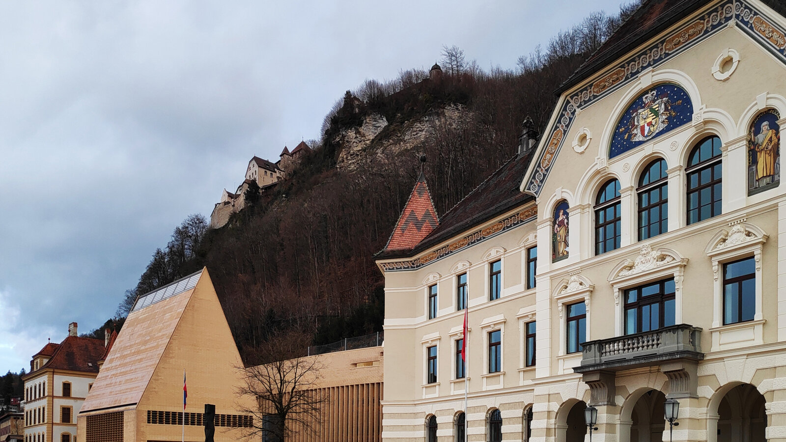 Government building, Parliament, and Vaduz Castle in the capital of Liechtenstein, December 2019
