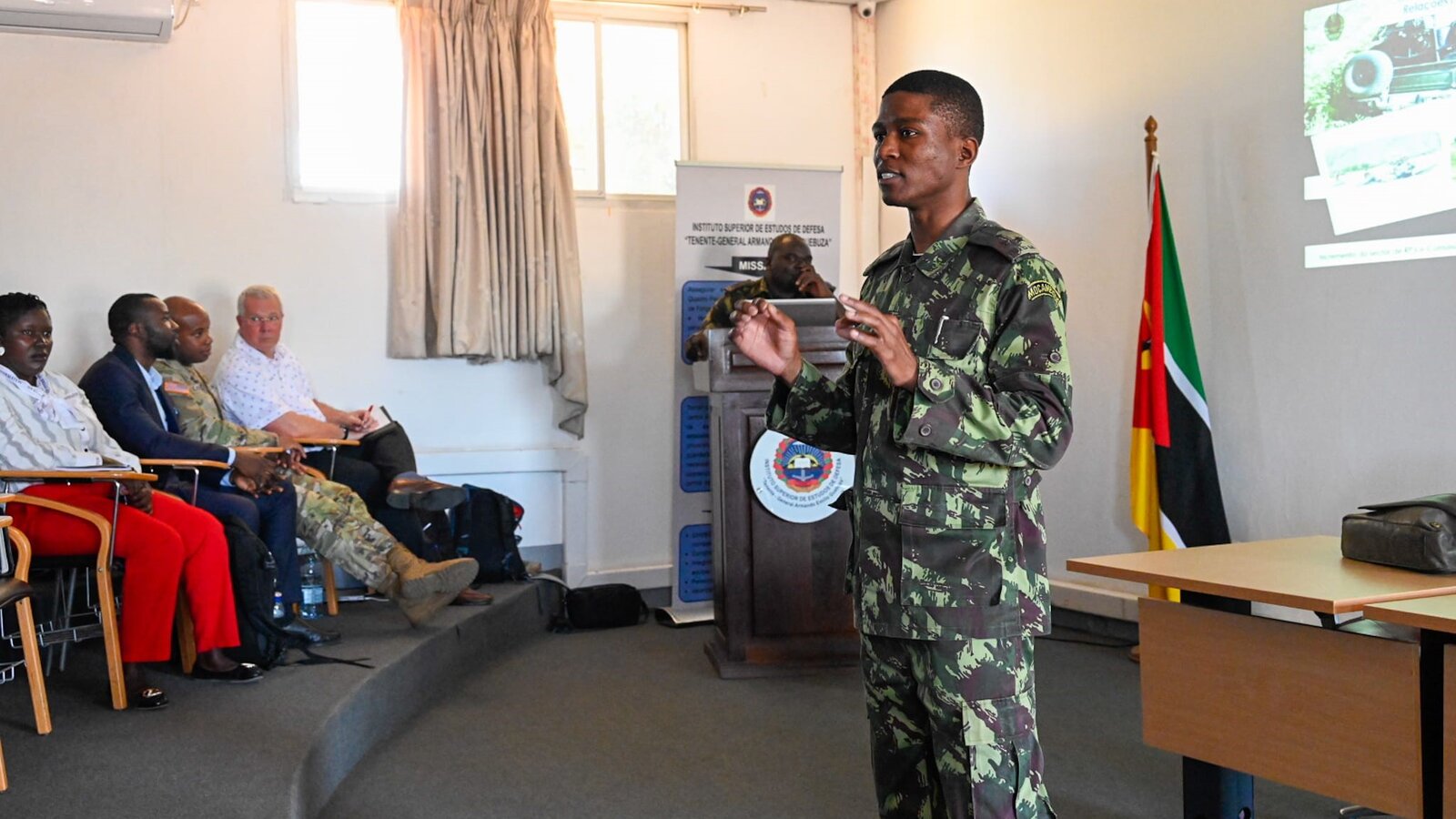 Mozambique Defense Armed Forces officer briefs at a U.S.-Mozambique military professional exchange in Maputo, September 2024