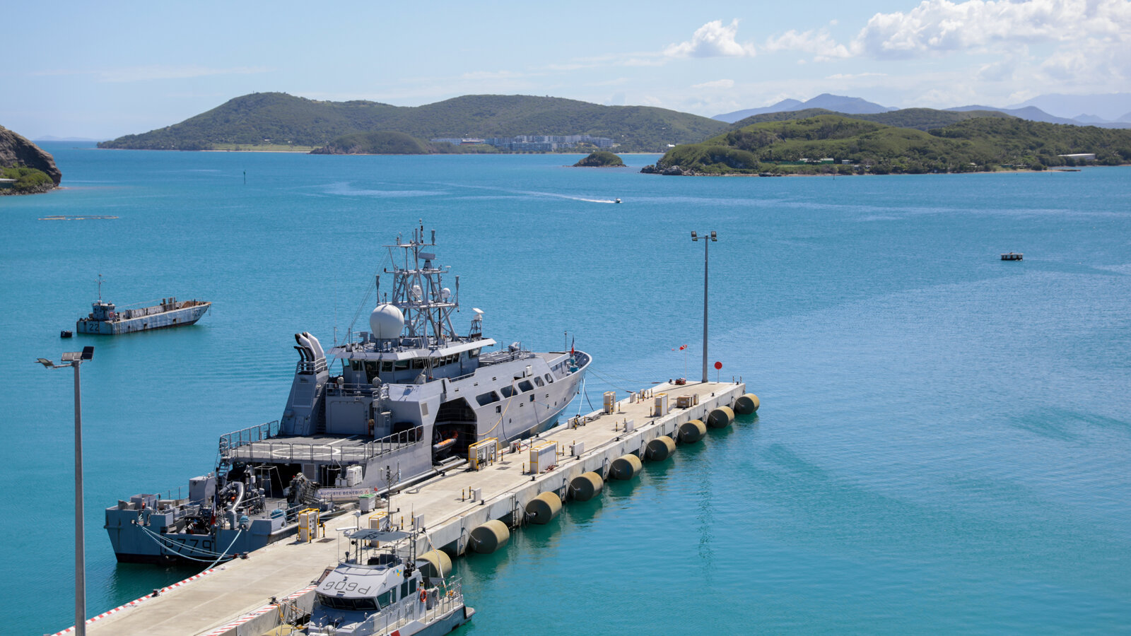 French naval vessel Auguste Bénébig, a Félix Éboué-class patrol ship, moored at Base Navale de Nouméa during Exercise Croix du Sud 25, April 2025