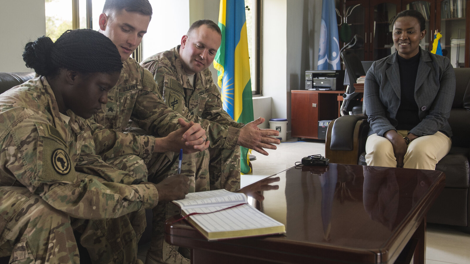 Rwanda Defense Force and CJTF-HOA officers share best practices for civil-military cooperation at the Rwanda Peace Academy, Musanze, February 2016