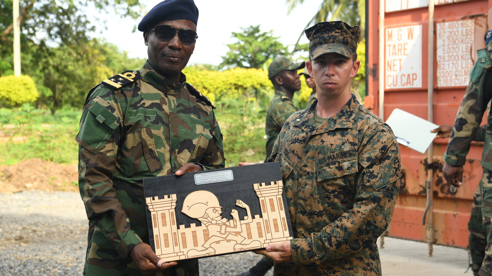 São Tomé and Príncipe Coast Guard Commandant Capt. Armindo Rodrigues at a VBSS training facility ceremony during Obangame Express 25, April 2025