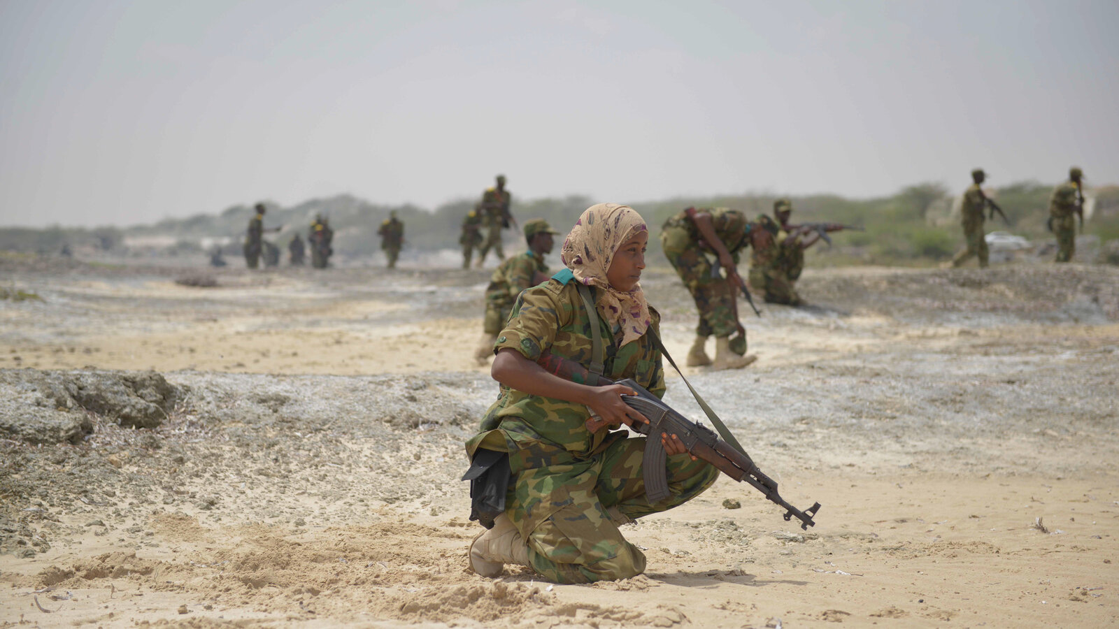 Somali National Army female soldier on a live fire training demonstration at Jazeera Camp, Mogadishu, February 2014