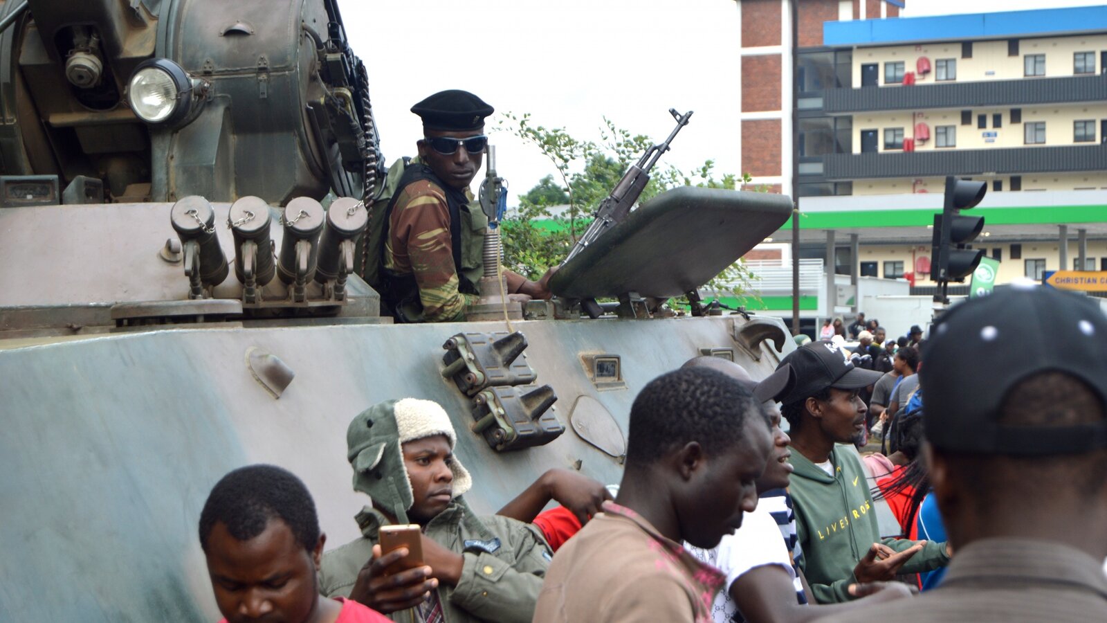 A Zimbabwe Defence Forces tank in downtown Harare during the November 2017 coup that ended Robert Mugabe's rule